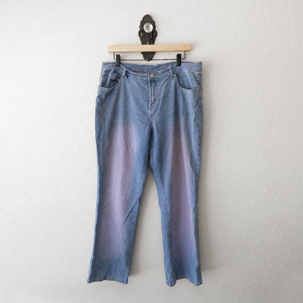 DG2 Diane Gilman 12P Petite Blue Bootcut Jeans Embellished Pockets Stretch